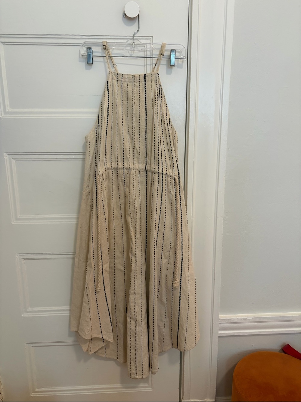 Beige Striped Cotton Halter Dress - rope tie